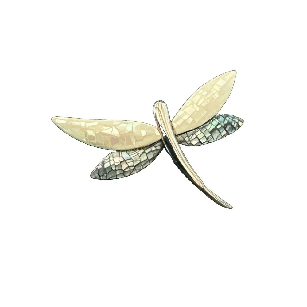 VTG Abalone Mother of Pearl Dragonfly Brooch Silver Tone Inlaid Shell